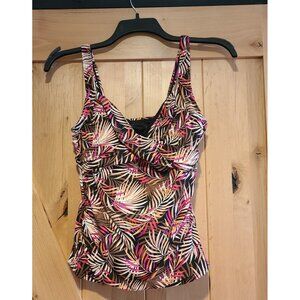 Lands End Size 6 Tankini Swim Top Tropical Leaves Brown Pink Underwire Lined